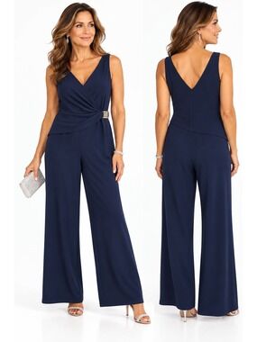 Anne Klein 14 Navy Sleeveless Wide-Leg Jumpsuit Wrap Detail Eveningwear